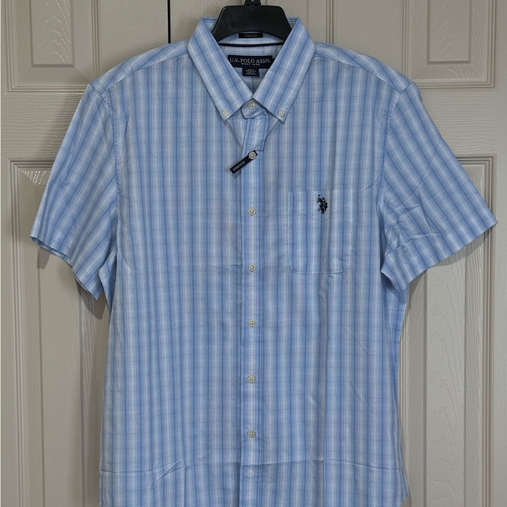 US Polo Assn Shirt Mens Large Blue/White Striped Button Up Short Sleeve Collared